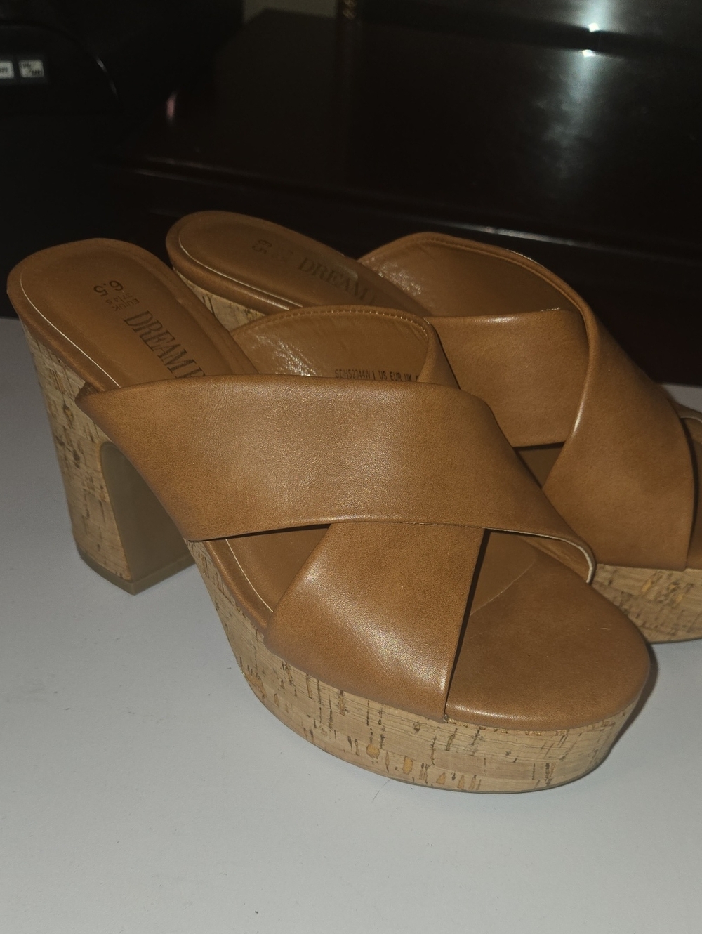Dream Pairs Tan Cork Crisscross Platform Slide Heels